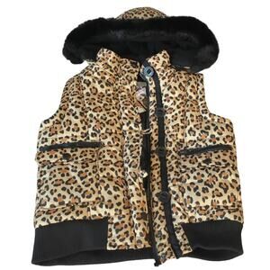 KC Collections Leopard Print Puffer Vest Faux Fur Zip Off Hood Size M (10) NWT